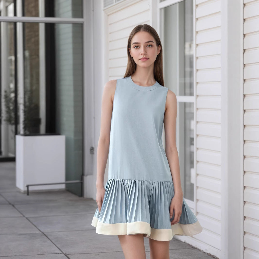 Womens Crew-Neck Vest Pleated Patchwork Sleeveless Dress