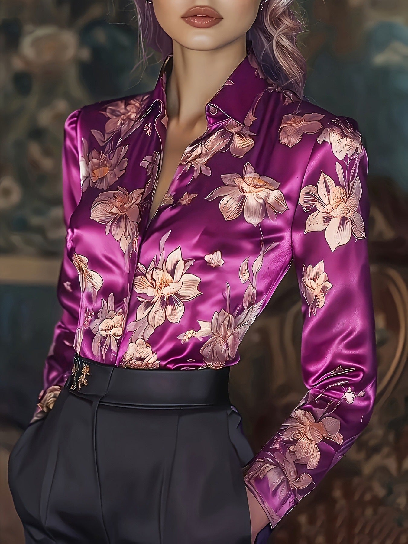 Womens Retro Printed Satin Long-Sleeve Shirt