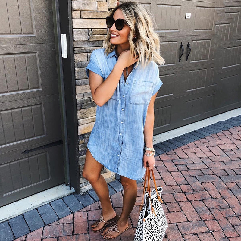 Women's Short-sleeved Distressed Denim Buckle Casual Shirt