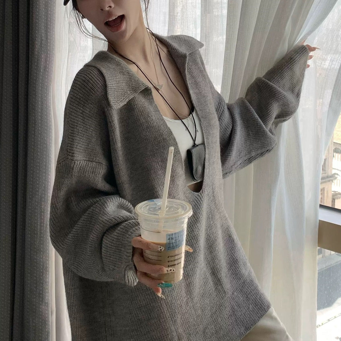Autumn Lazy Atmosphere Gray Large V-neck Long Sleeve Knitted Sweater For Women