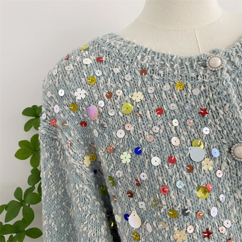 Sweet Design Idle Style Sequined Sweater For Women Spring And Autumn New Knitted Cardigan Outerwear Top
