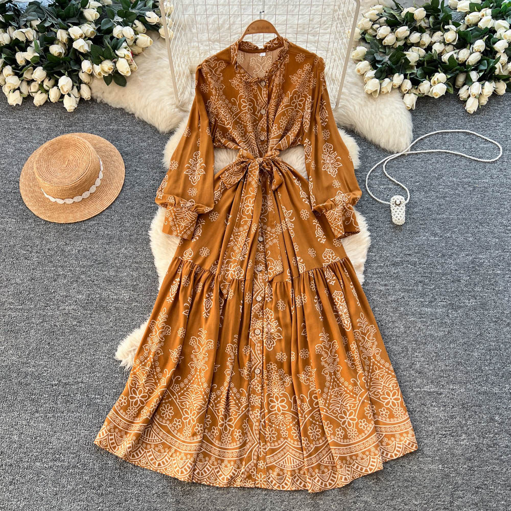 Retro Print Lapel Collar Lace Up Ruffle Hem Dress For Women