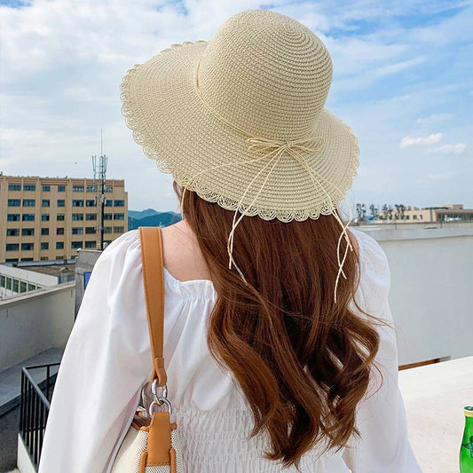Summer Women's Foldable Lace Butterfly Rope Shade Straw Hat
