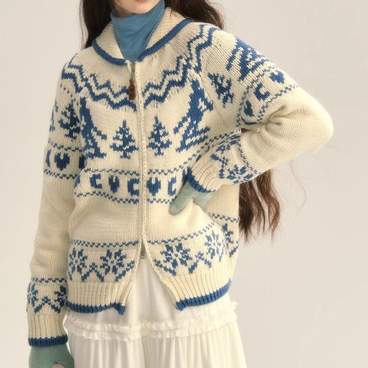 Vintage Christmas Tree Sweater Loose Knitted Cardigan Coat