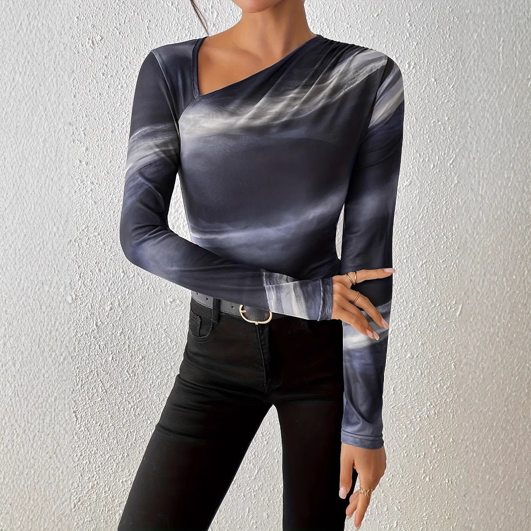 Spring And Autumn Women's Gradient Slimming Oblique Neck Base Shirt