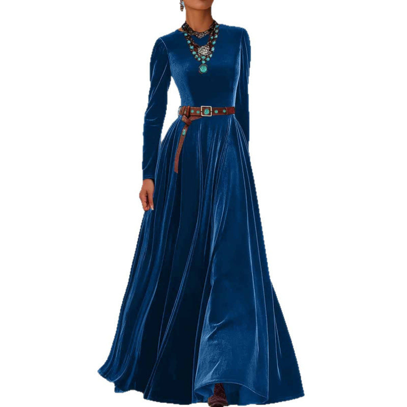 Elegant efterårsvinter langærmet kjole i fløjl med western-stil