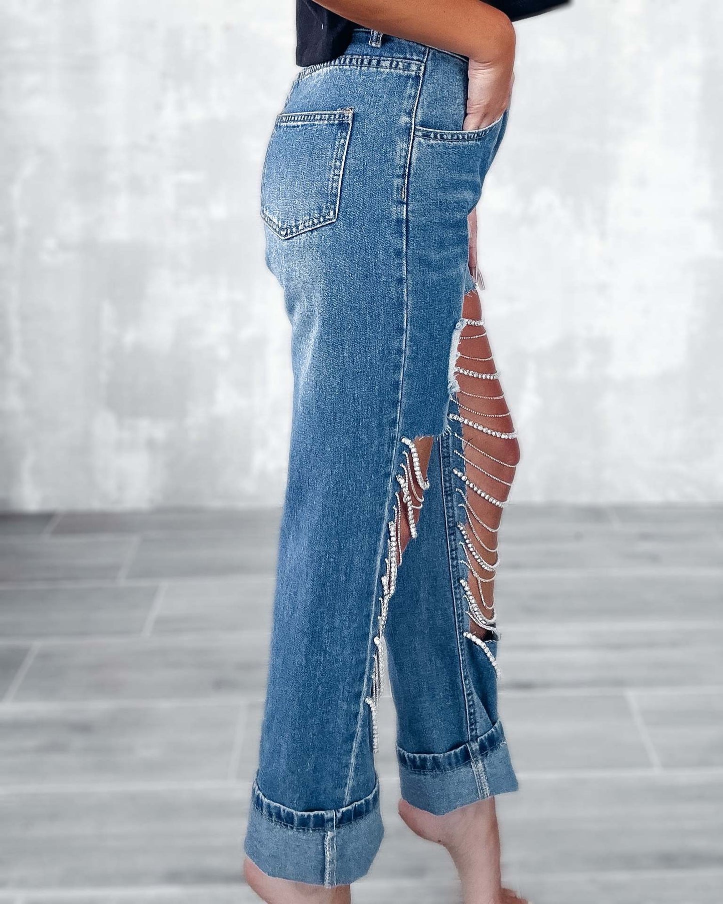 Big Ripped Jeans Women's Chain Ornaments Straight-leg Pants