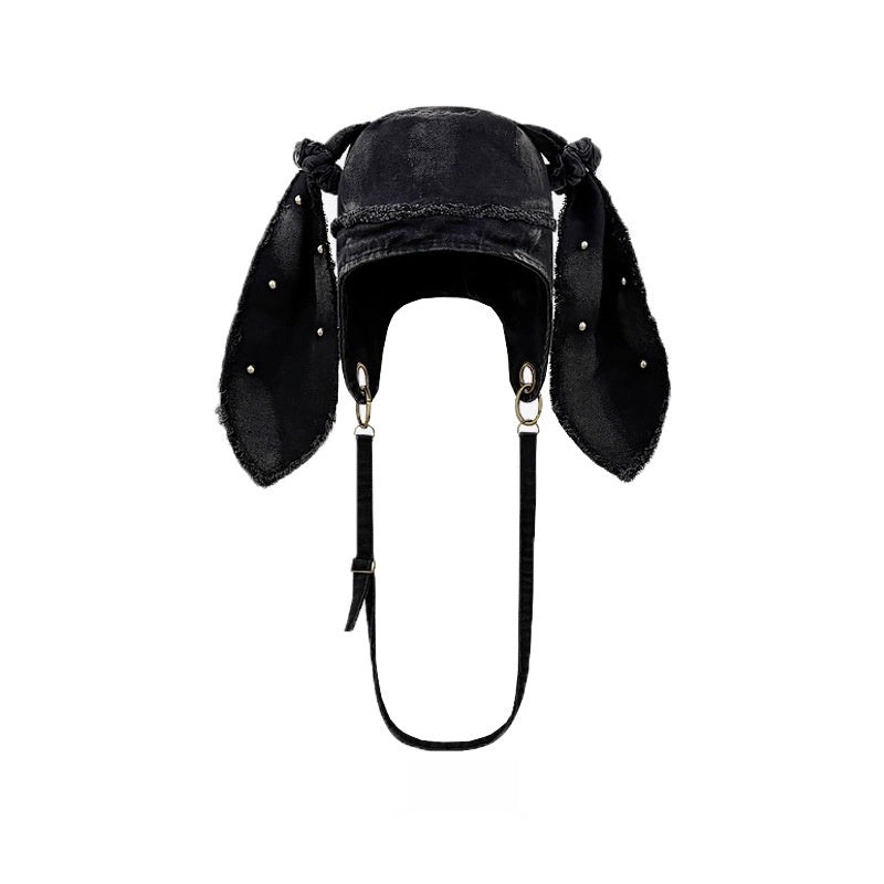 Water Washed Distressed Denim Bag And Hat Rabbit Ear Fringed Pullover Cap