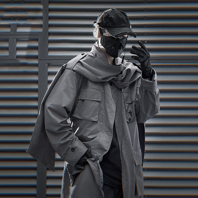 Multi-pocket Scarf Long Trench Coat For Men Loose Casual Jacket