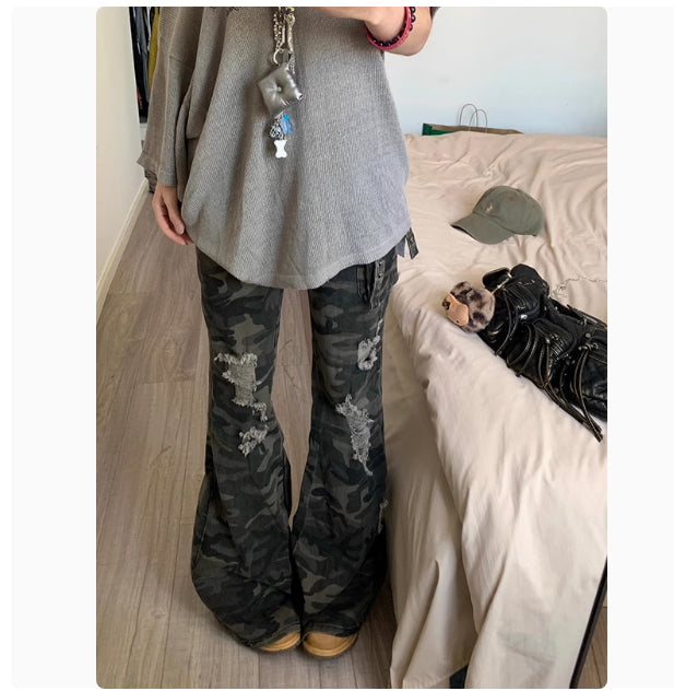 American Retro Camouflage Ripped Skinny Jeans