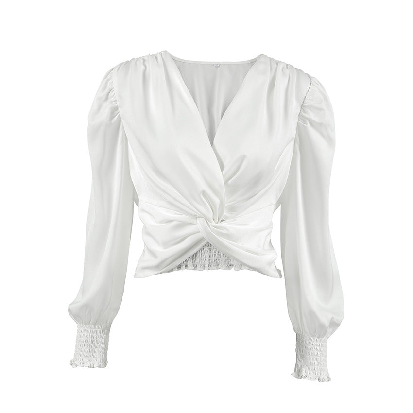 Hvid Satin Top Kort Design Snoet V-hals Pullover Skjorte