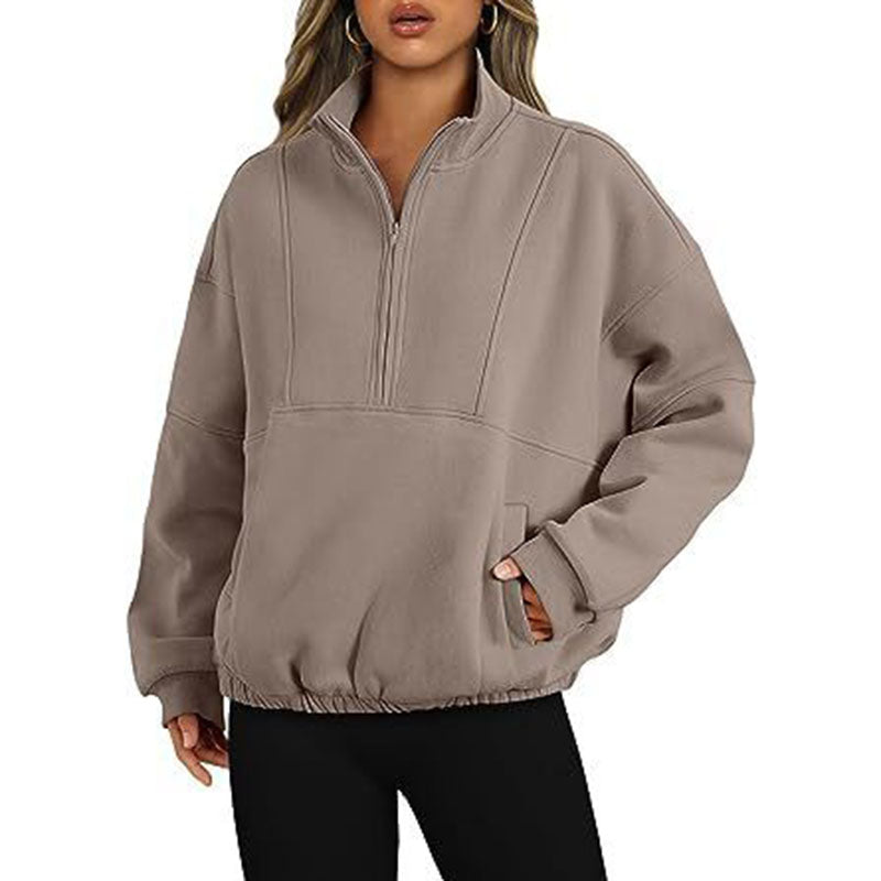 Sporty og casual sweater til kvinder med lynlåslomme, pullover, standkrave og lange ærmer