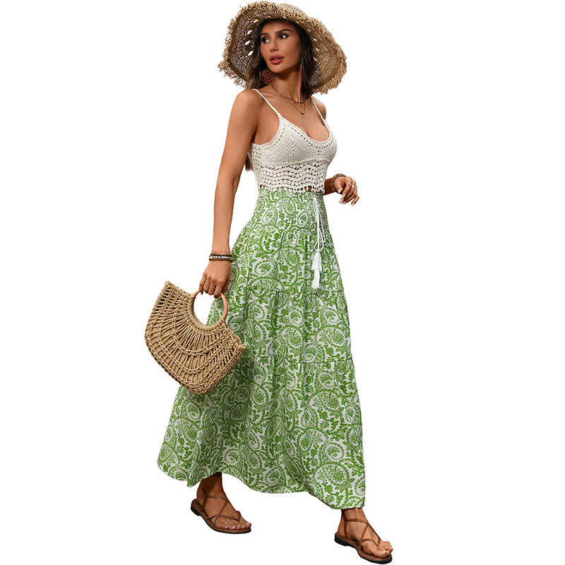 Resort-style Elastic-waist Tasseled Drawstring Printed Skirt