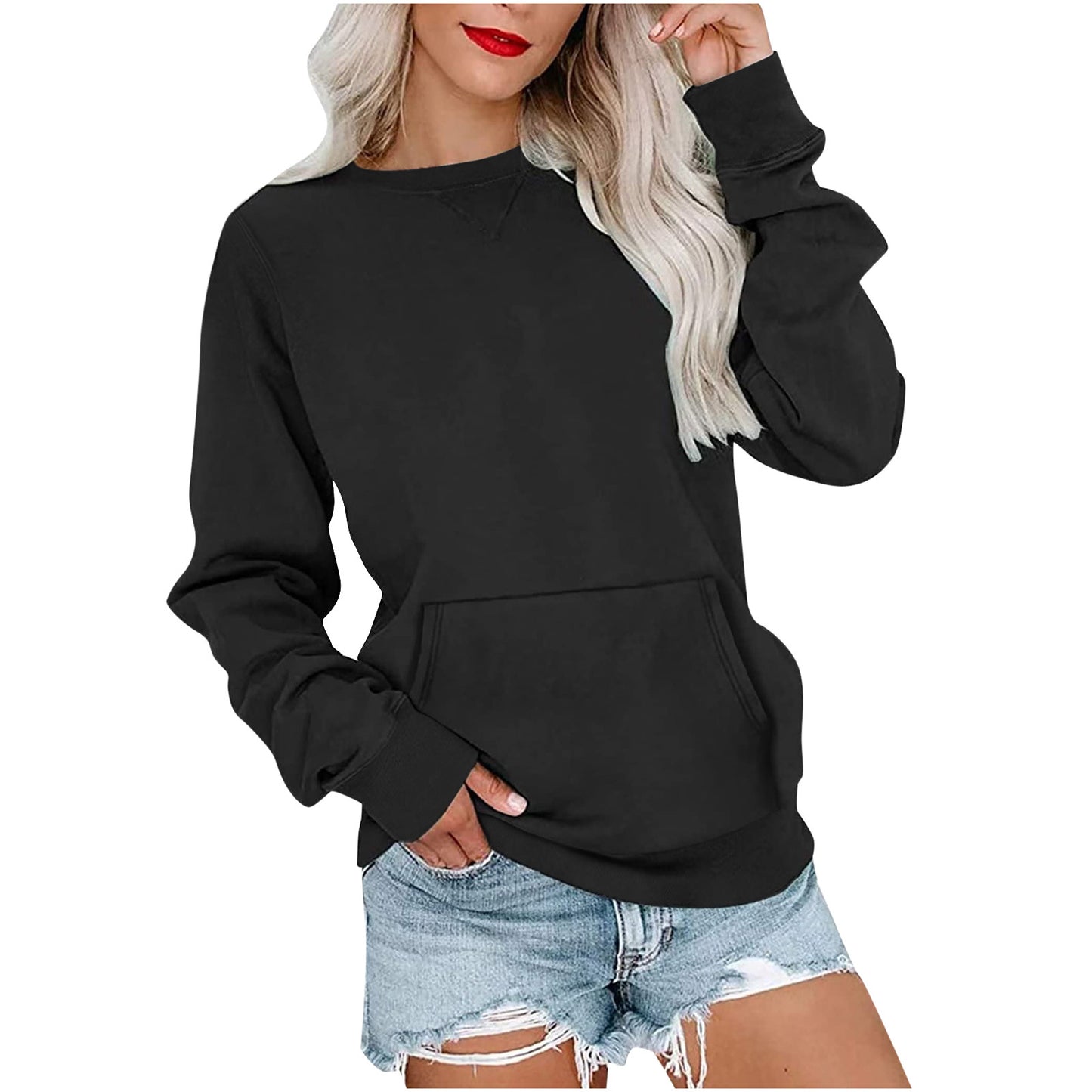 Ensfarvet pullover sweatshirt med lomme moderigtig løs rund hals langærmet top dametøj