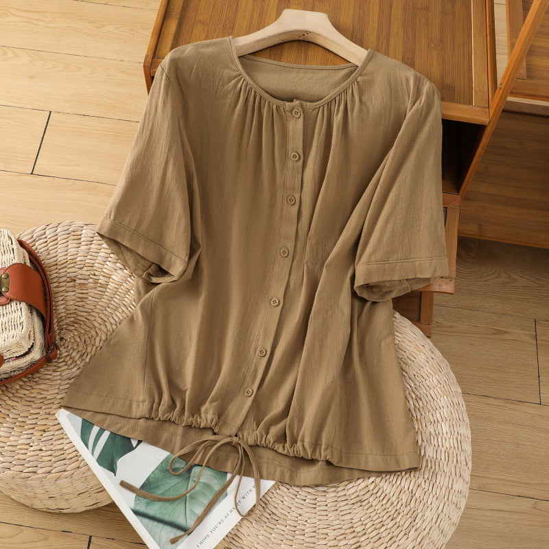 Womens Retro Drawstring Swing Sand-Washed Linen Top With A Crew Neck