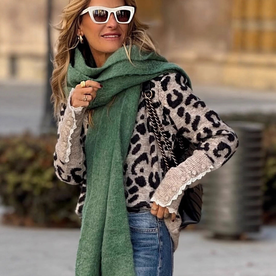 Lace Patchwork Round Neck Long Sleeve Buckle Pullover Sweater