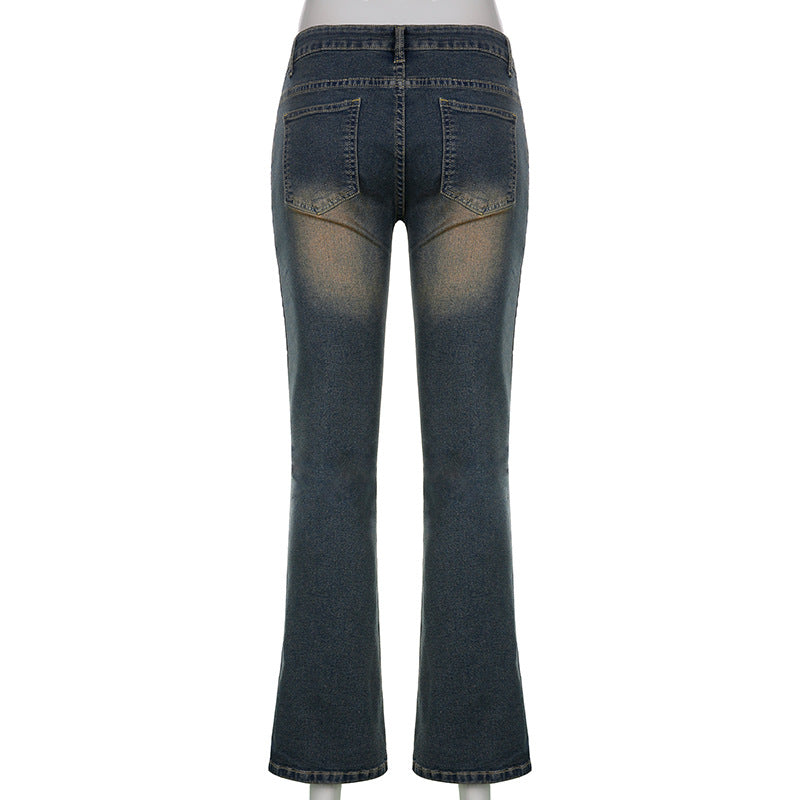European And American Street Hipster Style Autumn New Women's Embroidered Pattern Retro Color With Diamond Slim Fit Slimming Jeans