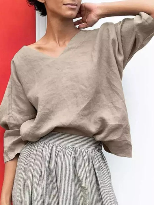 Women's Sleeve Cotton Linen V-Neck T-Shirt