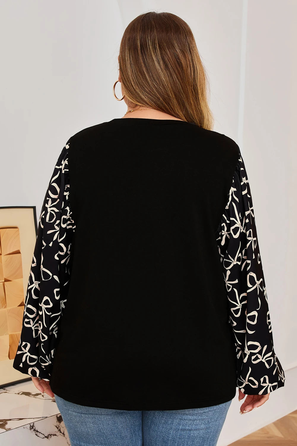 Black Bow Patchwork Round Neck Plus Size Shirt