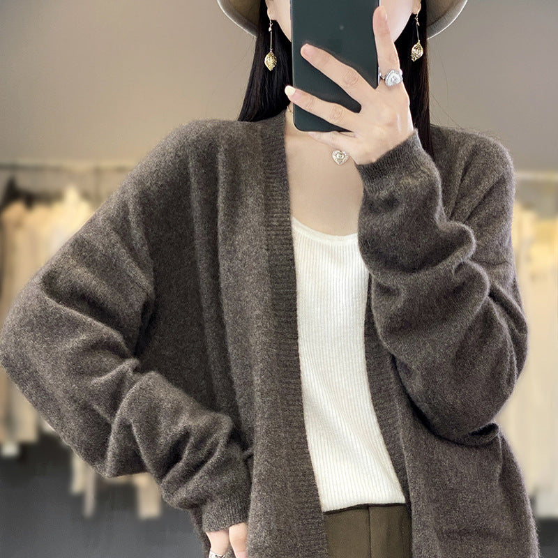 Spring And Autumn New Cardigan Solid Color And V-neck Thin Loose Slimming And All-matching Coat With Pocket