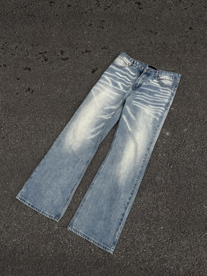 Vintage American Style Water Ripple Washed Blue Jeans For Men And Women
