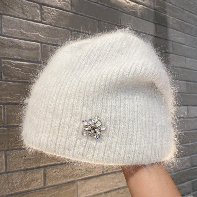 Women's Rabbit Hair Knitted Hat Thickened Warm Rhinestone Flowers