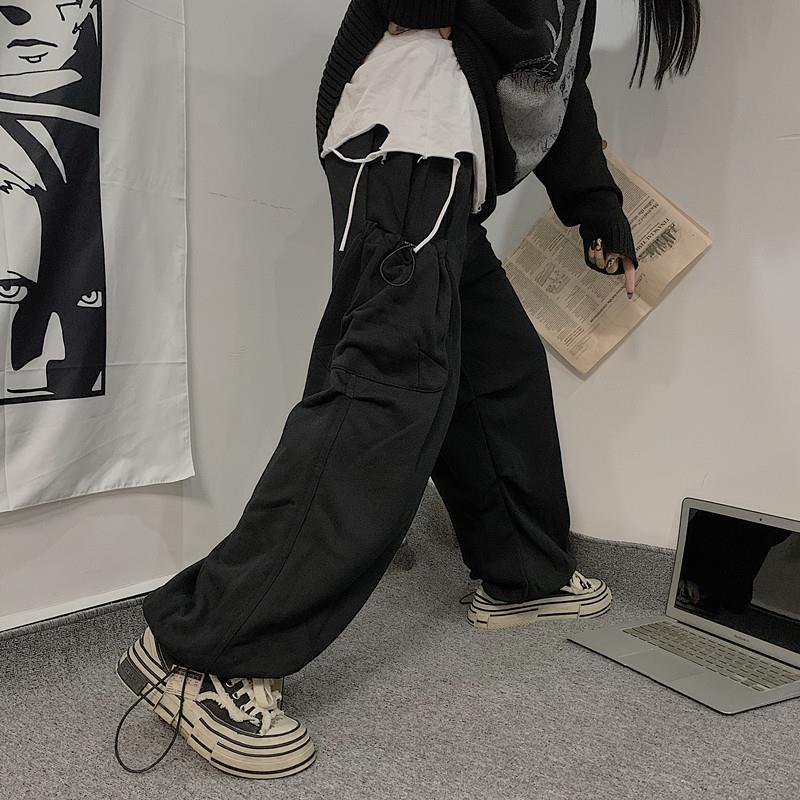 Retro Solid Color Overalls Large Loose Pockets Ankle-tied Sweatpants