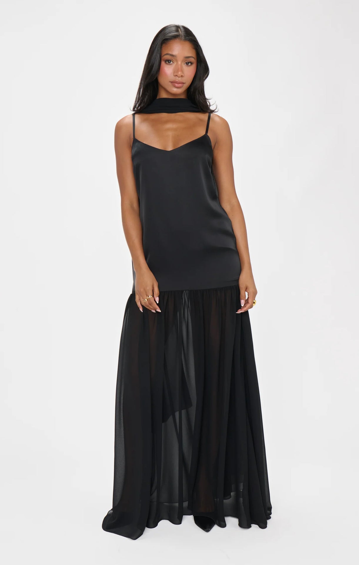 Solid-color Chiffon And Satin Patchwork Slip Dress