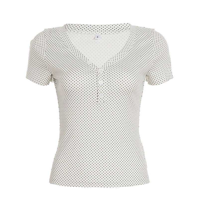 Polka Dot V-collar Contrast Color All-match Short Sleeve