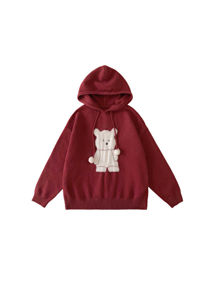 Bear Loose Hooded Warm Sweater Women's Knitted Blouse
