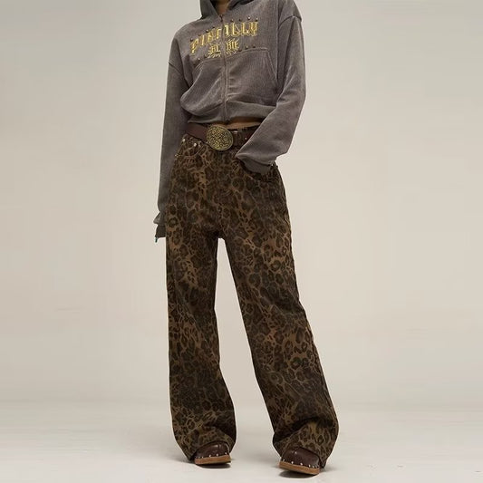 Amerikansk-inspirerede vintage leopardprint-jeans til kvinder