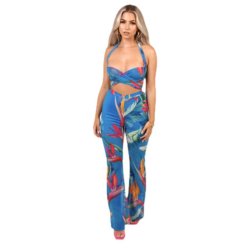 Fashion Printed Sleeveless Vest Flared High Waist Wide Leg Pants Suit