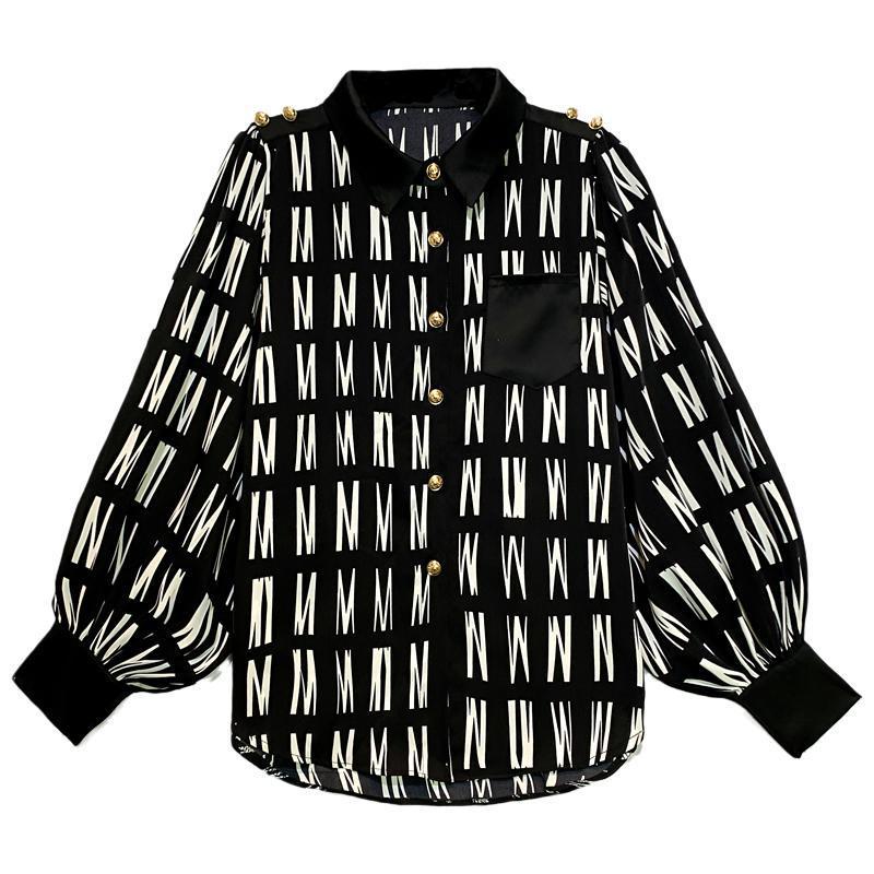 Letter Print Stitching Shirt Women's New Loose Lantern Sleeves