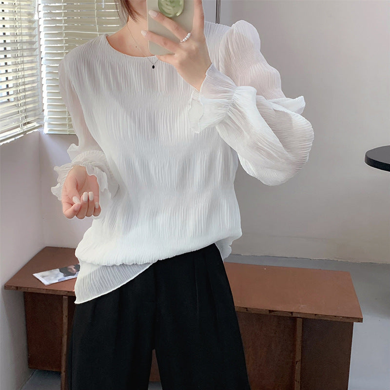 Pleated Bell Sleeve Chiffon Shirt Loose Long Sleeve Top