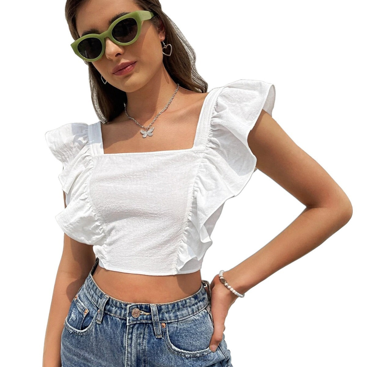 Women's New Backless Tie-up Flutter Sleeve Sweet And Fresh Sleeveless Top