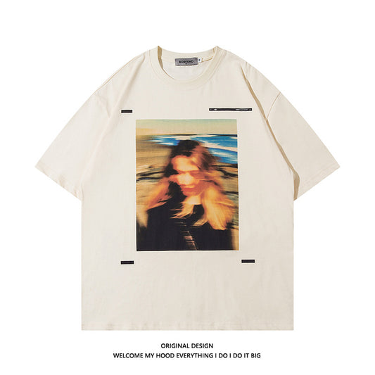American Retro Portrait Printing Loose Plus Size Short Sleeve