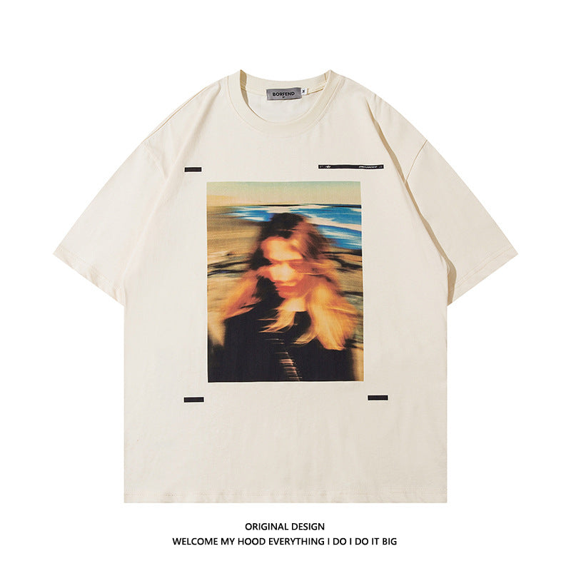American Retro Portrait Printing Loose Plus Size Short Sleeve