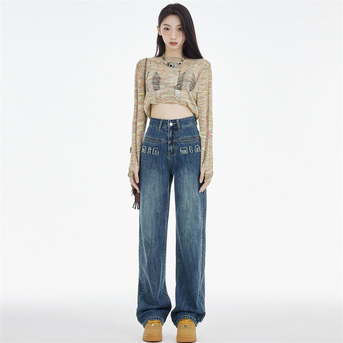Dame Straight Jeans Mørkeblå Broderede Bogstaver
