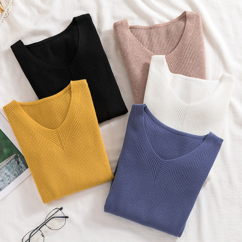 Women's Slim-fit Long-sleeved Pullover Skinny V-neck Sweater