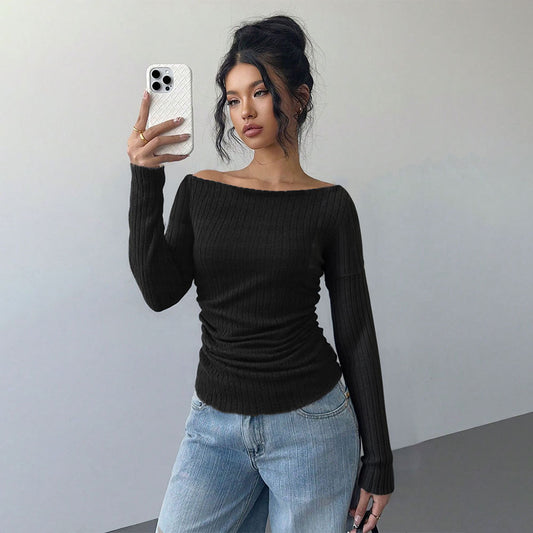 V-neck Long Sleeve Brushed Rib Knit Top