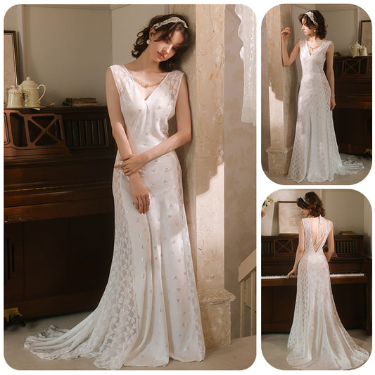 Lace-trimmed Floor-length Nightgown With A Deep V-neck