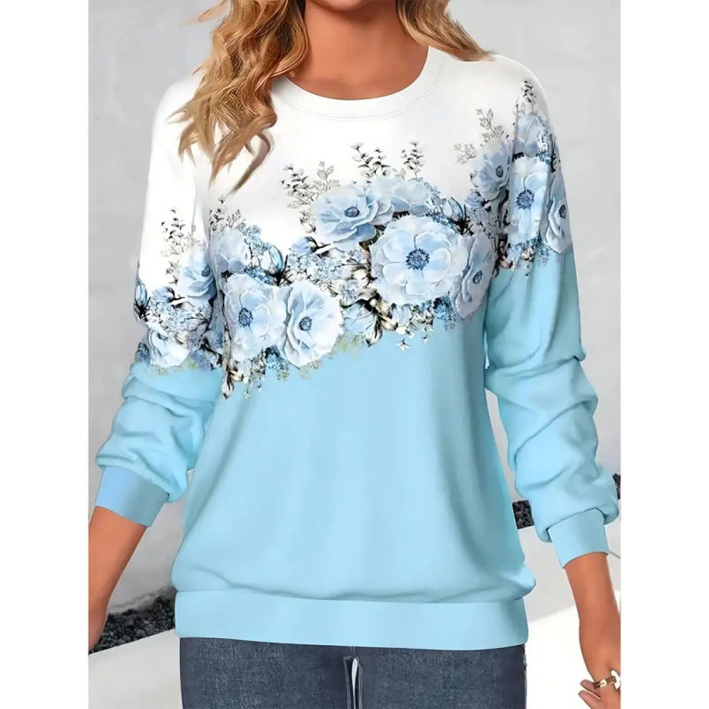 Damebeklædning Rund Hals Langærmet Blomstret 3D-printet Pullover Sweatshirt