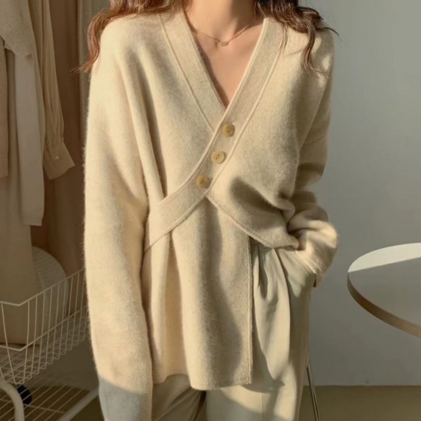 V-neck Diagonal Buckle Loose Knit Sweater Jacket