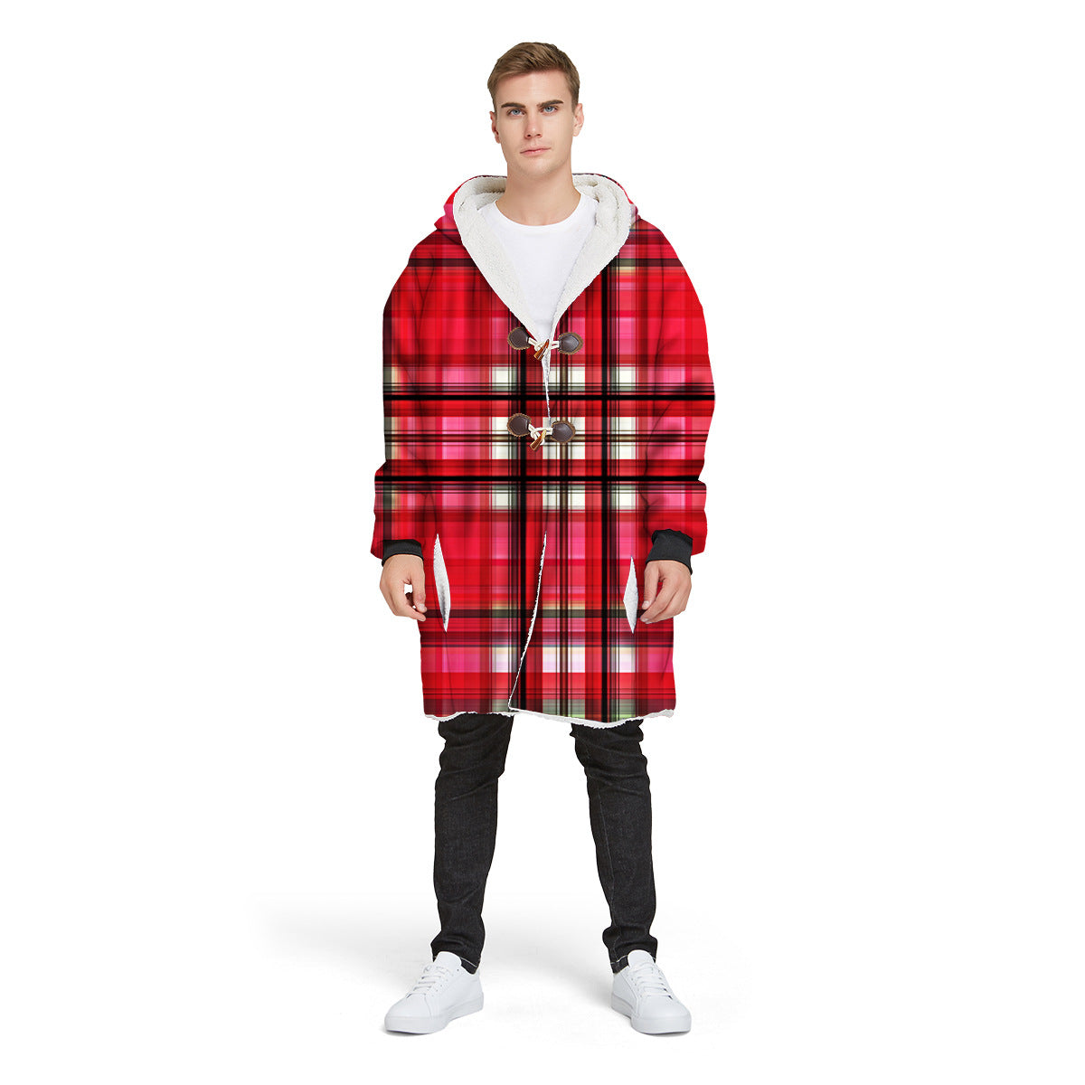 Fashion Plaid Men's Digital Printed Long Hooded Jacket