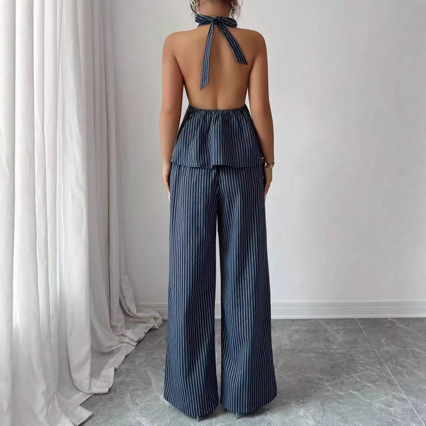 Sexy Backless Halter Jumpsuit And Straight Pants Fashionable Casual Set