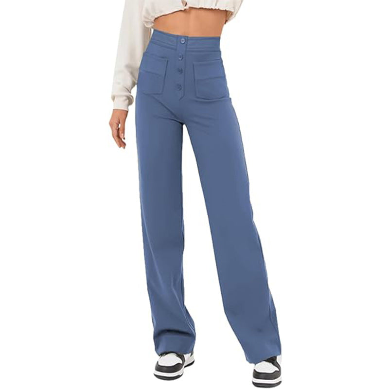 New Fall Women's Clothing High Waist Pocket Wide Leg Button Casual Baggy Straight Trousers Trousers
