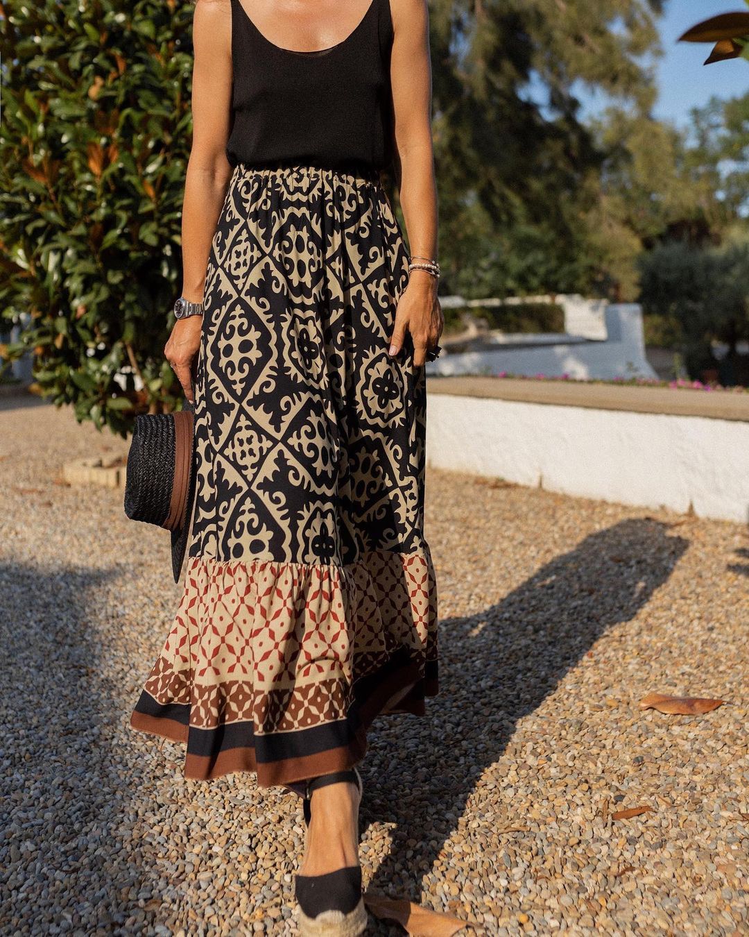 European American Summer New Printed Loose Stitching Large Swing Skirt