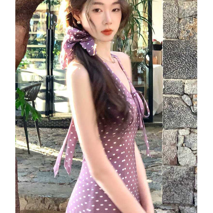 Polka-dot Backless Halter Dress Women