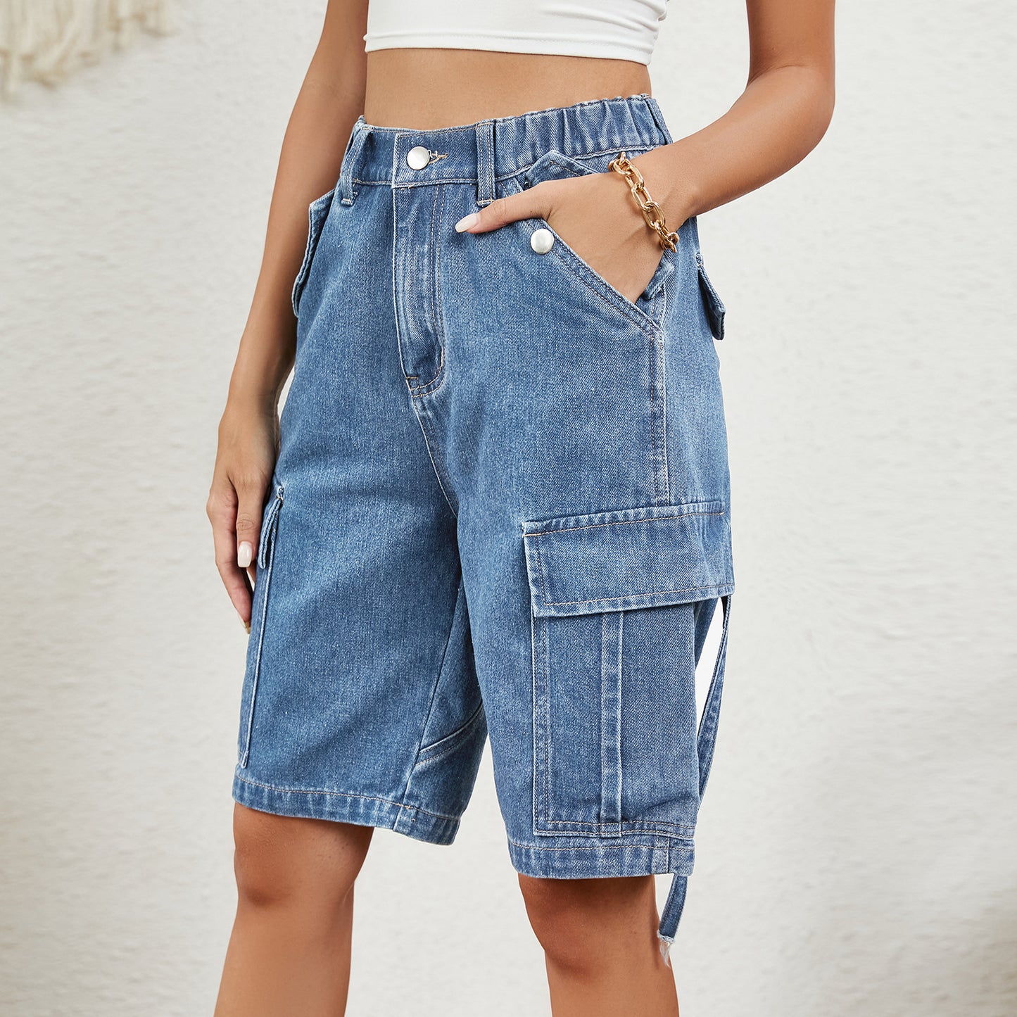 Washed Personalized Denim Cargo Pants Shorts