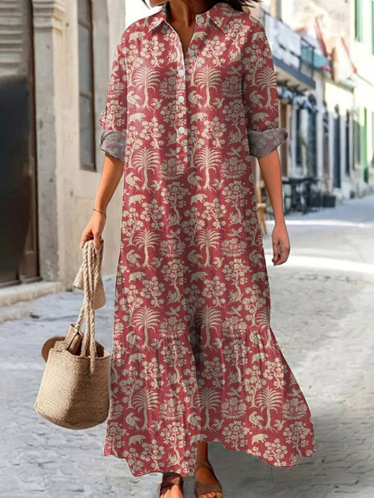 Womens Long-Sleeve Lapel-Neck Digital-Print Dress